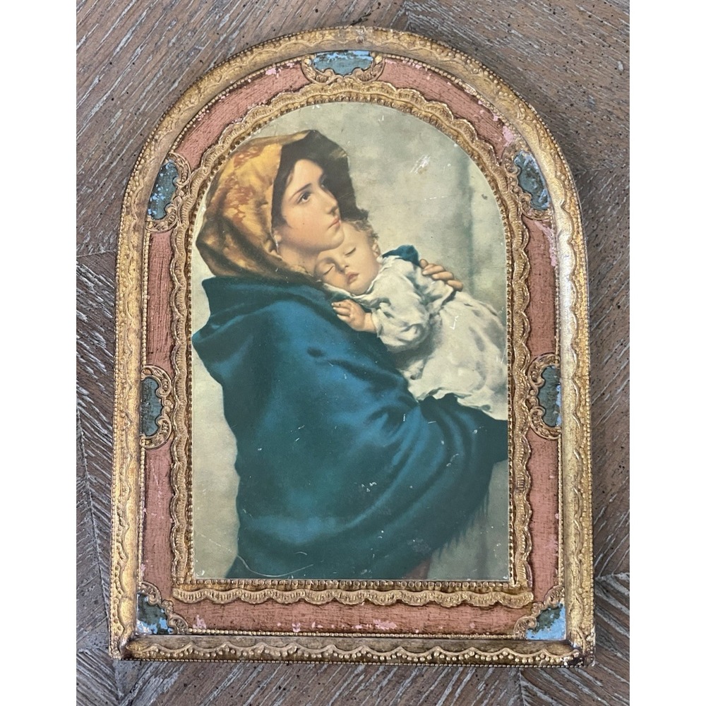 Vtg Italian Florentine  Wooden Picture Plaque  Madonna & Child 6x8"‎